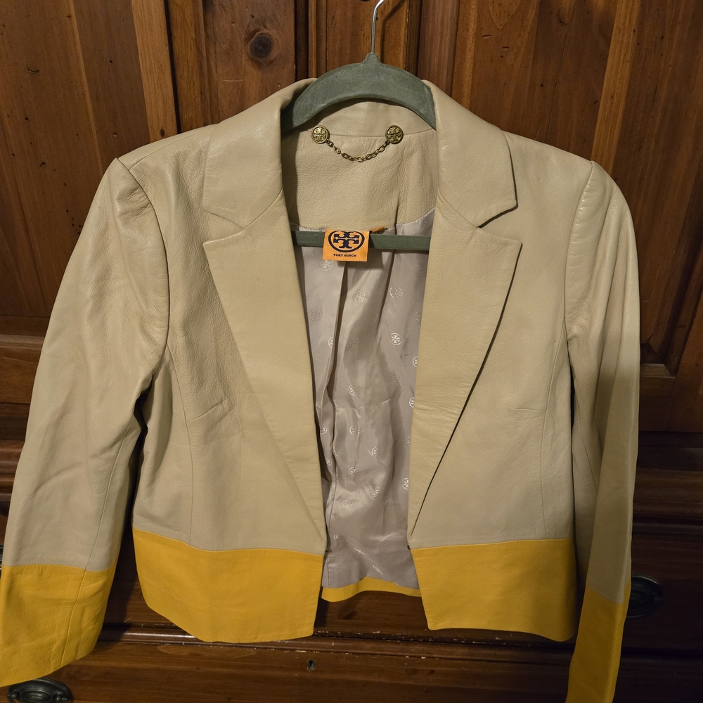 Tory Burch Sz 6 Yellow and Cream Women's Lambskin Cropped Leather Jacket New